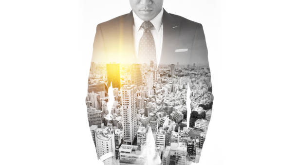 istock Business man with dark suit, double exposure effect 843573040