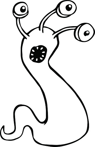 Funny three-eyed monster in different shapes in black white colors. Vector illustration