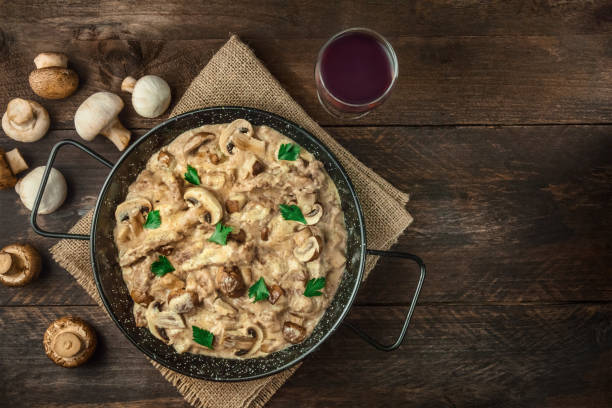 istock Mushroom beef stroganoff in pan with copy space 843577684
