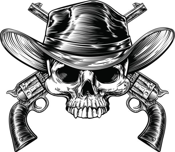 ilustraciones, imágenes clip art, dibujos animados e iconos de stock de armas y skull cowboy - cowboy hat hat wild west black