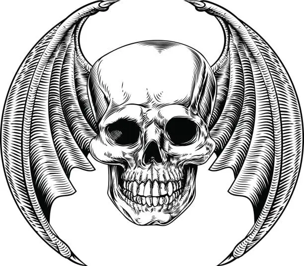 Vector illustration of Winged Skull Etching Style