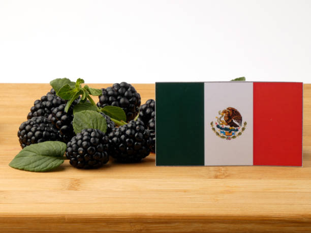 istock Mexican flag on a wooden panel with blackberries isolated on a white background 843581736