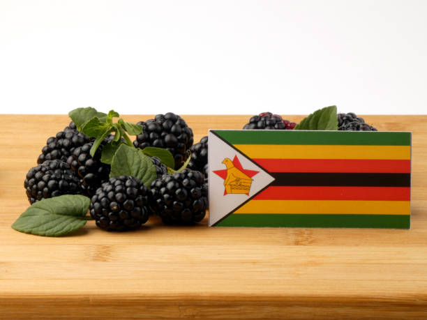 istock Zimbabwe flag on a wooden panel with blackberries isolated on a white background 843583484