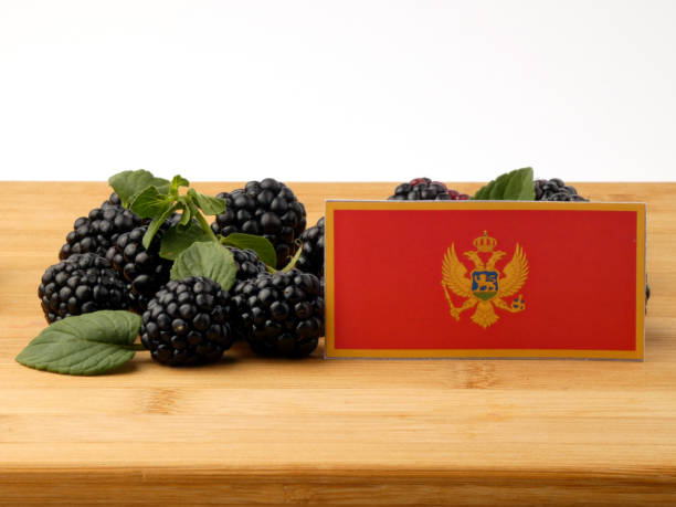 istock Montenegrin flag on a wooden panel with blackberries isolated on a white background 843586006