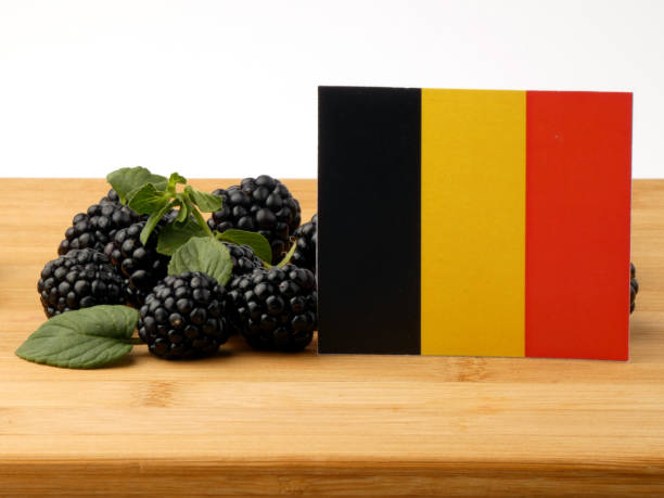 istock Belgian flag on a wooden panel with blackberries isolated on a white background 843586358