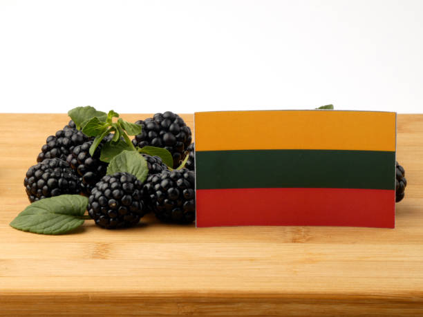 istock Lithuanian flag on a wooden panel with blackberries isolated on a white background 843588610