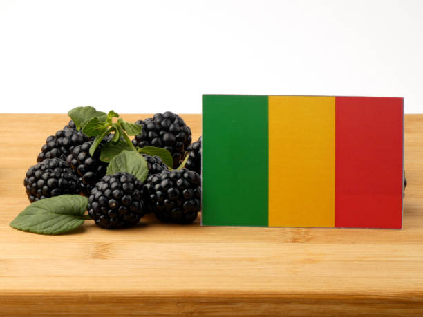 istock Malian flag on a wooden panel with blackberries isolated on a white background 843589490