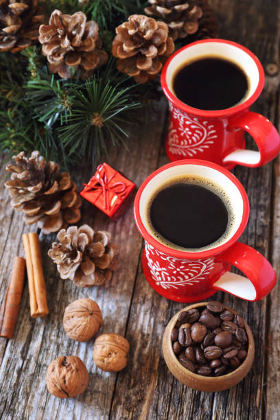 istock Two cups of coffee and New-Year tree decorations 843590284