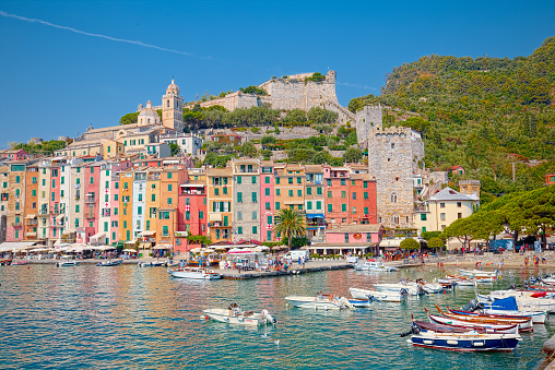 View of Porto Venere, a town located on the Ligurian coast of Italy. Porto Venere and the villages of Cinque Terre were designated by UNESCO as a World Heritage Site