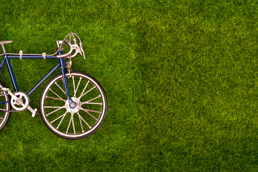 Mini retro blue toy bike on the grass meadow