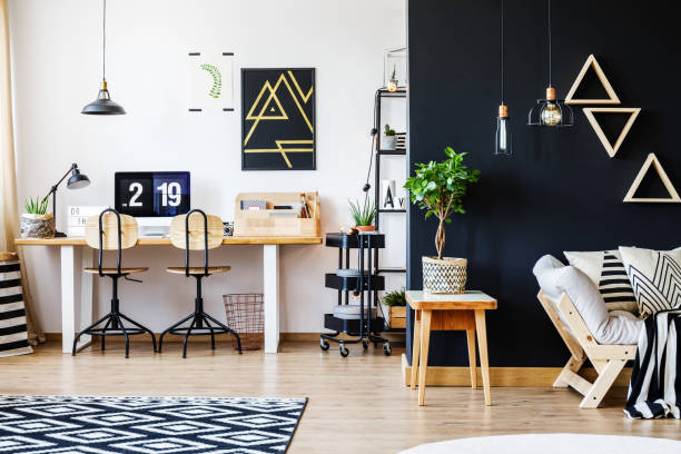 istock Black and white nordic apartment 843591114