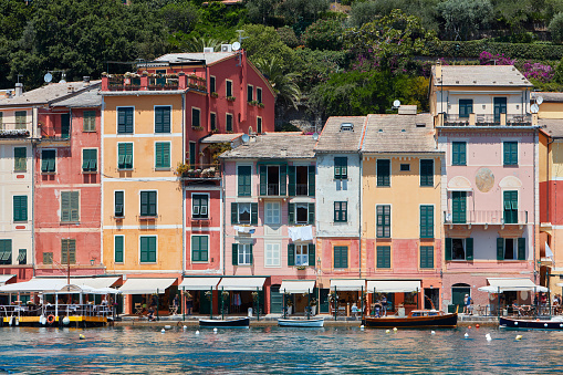 Portofino typical beautiful village with colorful houses facades in Italy, Liguria sea coast