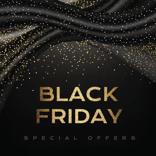 Vector illustration of Black friday luxury poster with black decorations and silver confetti.