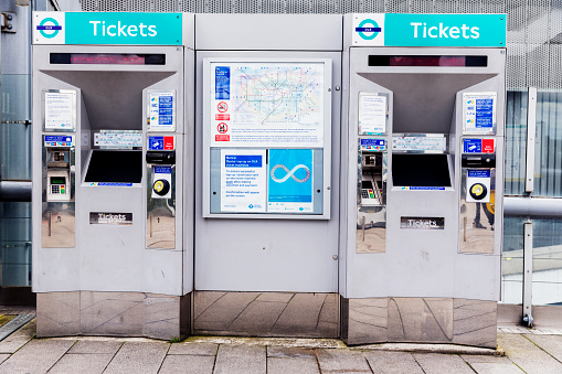 Ticket machines to purchase or load tickets or cards respectively for access to the London Underground. 