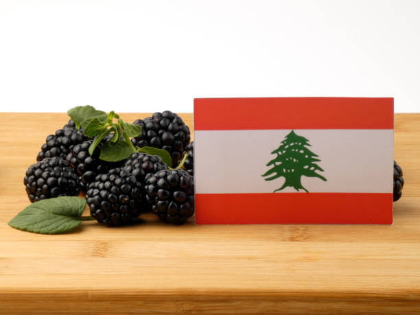 istock Lebanese flag on a wooden panel with blackberries isolated on a white background 843595446