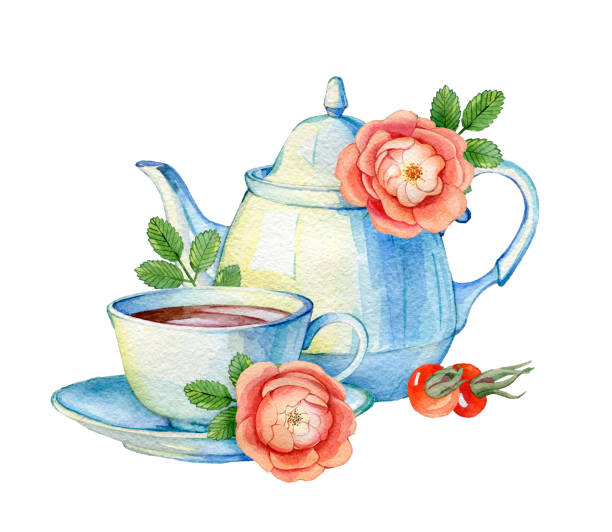 illustrazioni stock, clip art, cartoni animati e icone di tendenza di tazza da tè ad acquerello disegnata a mano e teiera su sfondo bianco. - tea party illustrations