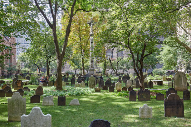 Tombstones in a cemetery in Brooklyn blend with the NYC skyline. NYC, NY, USA.