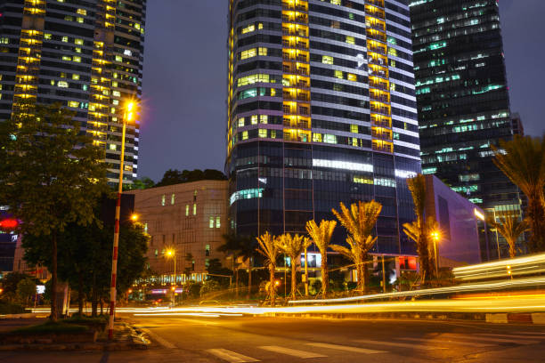 istock Night scene of modern city with light trails. 843598924