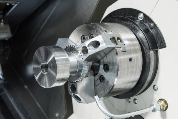 istock metal workpiece clamped in the lathe chuck CNC machine 843602844