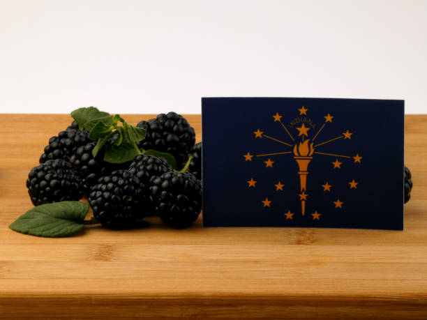 istock Indiana flag on a wooden panel with blackberries isolated on a white background 843603262