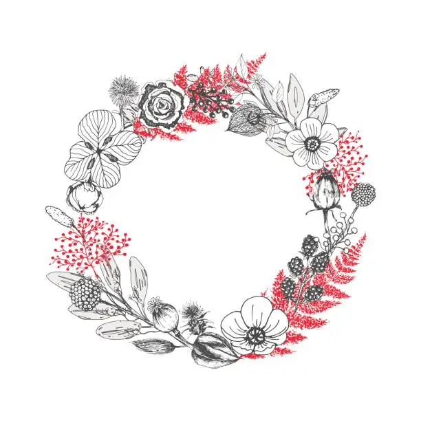 Vector illustration of Vector wreath of autumn leaves and fruit in sketch style. Beautiful round wreath of black and white leaves, berries and branches. Decor for invitations, greeting cards, posters.