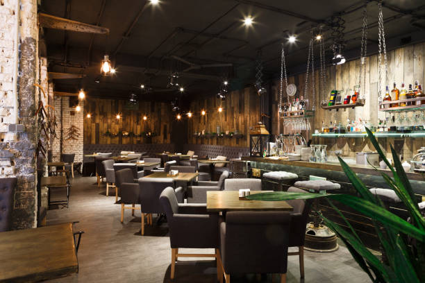 interior of cozy restaurant, loft style - restaurant imagens e fotografias de stock