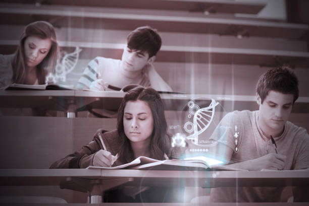 Students using futuristic hologram to learn about science from tablet pcs in college lecture hall
