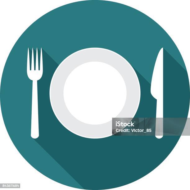 Plate Circle Icon With Long Shadow Flat Design Style Stock Illustration - Download Image Now