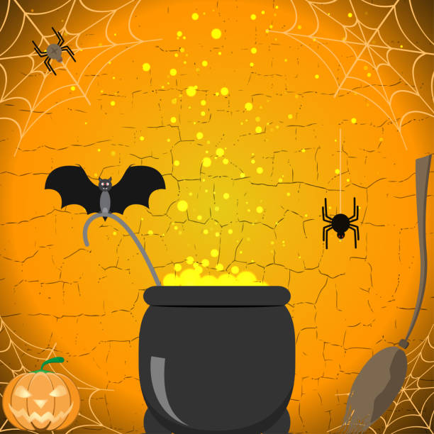 иллюстрация плаката хэллоуина с метлой, волшебным котлом, пауком, летучей мышью, тыквой на треснувшей фоне. - kitchen utensil gourd pumpkin magical equipment stock illustrations