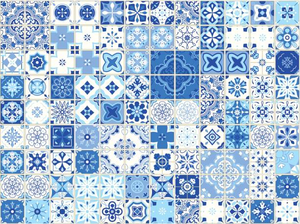 illustrations, cliparts, dessins animés et icônes de modèle sans couture avec carreaux portugais. illustration vectorielle de l’azulejo sur fond blanc. style méditerranéen. dessin bleu - portugal