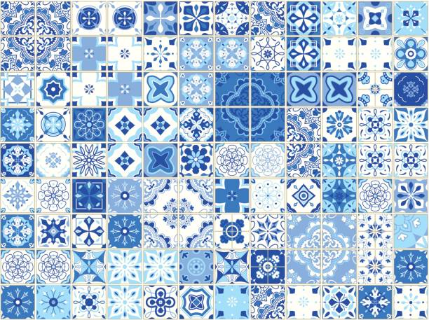 Seamless pattern with portuguese tiles. Vector illustration of Azulejo on white background. Mediterranean style. Blue design Seamless pattern with Portuguese tiles. Vector illustration of Azulejo on white background. Mediterranean style. Blue design. portugal stock illustrations