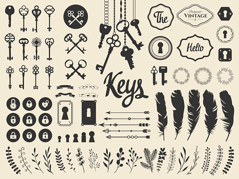 Vector illustration with design illustrations for decoration. Big silhouettes set of keys, locks, wreaths, illustrations, branch, arrows, feathers on white background. Vintage style.