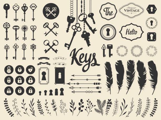 Vector illustration with design illustrations for decoration. Big silhouettes set of keys, locks, wreaths, illustrations, branch, arrows, feathers on white background. Vintage style Vector illustration with design illustrations for decoration. Big silhouettes set of keys, locks, wreaths, illustrations, branch, arrows, feathers on white background. Vintage style. old key stock illustrations