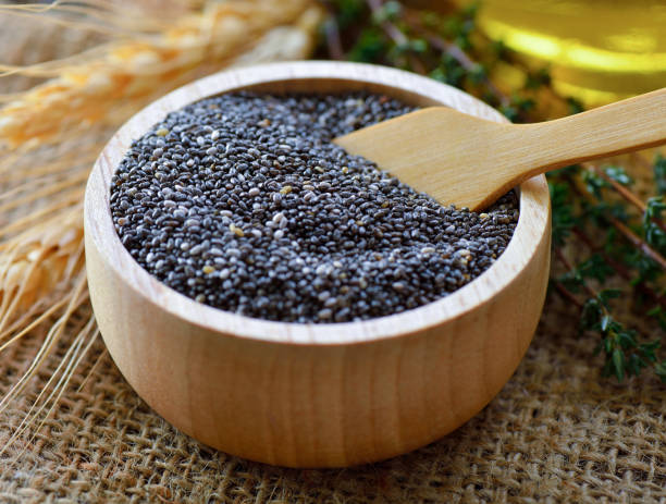 istock Chia seeds in wood bowl 843631420
