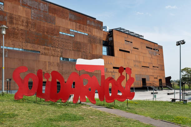 Poland, Gdansk. Solidarnosc signboard by the European Solidarity Centre Poland, Gdansk - August 2015. Detail of the Solidarnosc signboard in front of the European Solidarity Centre solidarity labor union stock pictures, royalty-free photos & images