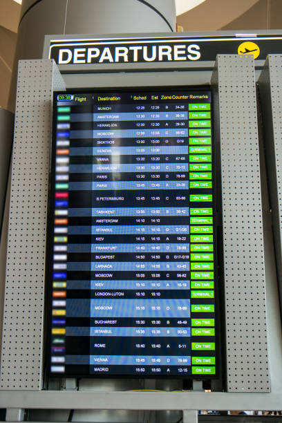 istock Flights, arrival and departures on information board 843631678