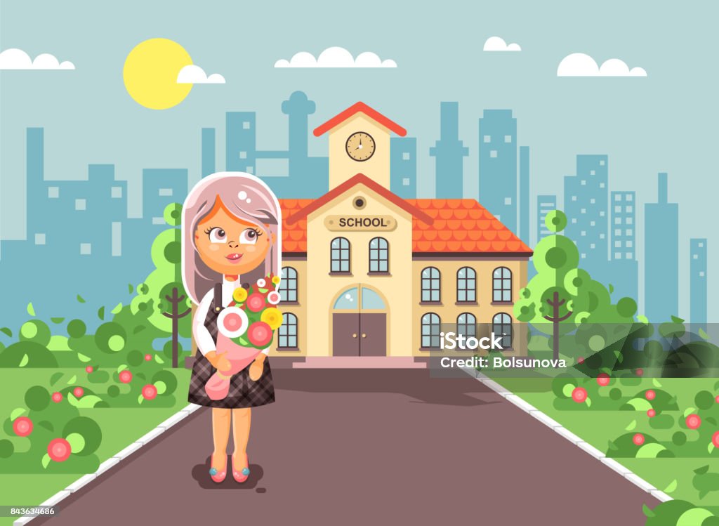 Vector Illustration Cartoon Character Child Lonely Girl Schoolgirl Pupil  Student Standing With Bouquet Flowers In Front Of Building Knowledge Day  Start Study Back To School Flat Style Stock Illustration - Download Image
