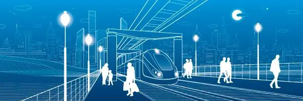 Vector illustration of Infrastructure and transport panorama. Monorail railway. People walking under flyover. Train move. Illuminated platform. Modern night city. Towers and skyscrapers. White lines. Vector design art