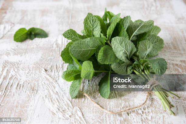 Mint Bunch Of Fresh Green Organic Mint Leaf On Wooden Table Closeup Selective Focus Stock Photo - Download Image Now
