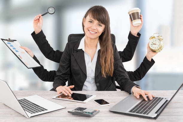 istock Multitask business woman with many hands. 843649260