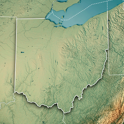 3D Render of a Topographic Map of the State of Ohio, USA.\nAll source data is in the public domain.\nColor texture: Made with Natural Earth. \nhttp://www.naturalearthdata.com/downloads/10m-raster-data/10m-cross-blend-hypso/\nBoundaries Level 1: USGS, National Map, National Boundary Data.\nhttps://viewer.nationalmap.gov/basic/#productSearch\nRelief texture and Rivers: SRTM data courtesy of USGS. URL of source image: \nhttps://e4ftl01.cr.usgs.gov//MODV6_Dal_D/SRTM/SRTMGL1.003/2000.02.11/\nWater texture: SRTM Water Body SWDB:\nhttps://dds.cr.usgs.gov/srtm/version2_1/SWBD/