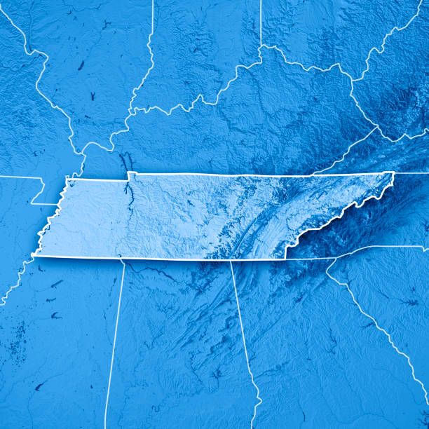 Tennessee State USA 3D Render Topographic Map Blue Border 3D Render of a Topographic Map of the State of Tennessee, USA.
All source data is in the public domain.
Boundaries Level 1: USGS, National Map, National Boundary Data.
https://viewer.nationalmap.gov/basic/#productSearch
Relief texture and Rivers: SRTM data courtesy of USGS. URL of source image:
https://e4ftl01.cr.usgs.gov//MODV6_Dal_D/SRTM/SRTMGL1.003/2000.02.11/
Water texture: SRTM Water Body SWDB:
https://dds.cr.usgs.gov/srtm/version2_1/SWBD/ tennessee map stock pictures, royalty-free photos & images