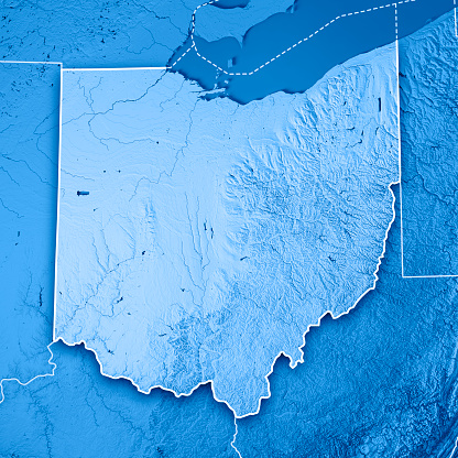 3D Render of a Topographic Map of the State of Ohio, USA.\nAll source data is in the public domain.\nBoundaries Level 1: USGS, National Map, National Boundary Data.\nhttps://viewer.nationalmap.gov/basic/#productSearch\nRelief texture and Rivers: SRTM data courtesy of USGS. URL of source image: \nhttps://e4ftl01.cr.usgs.gov//MODV6_Dal_D/SRTM/SRTMGL1.003/2000.02.11/\nWater texture: SRTM Water Body SWDB:\nhttps://dds.cr.usgs.gov/srtm/version2_1/SWBD/