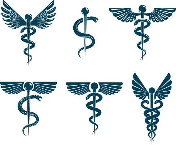 Vector illustration of Vector winged Caduceus illustrations collection. Pharmacology and healthcare idea emblems.