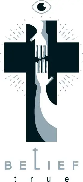 Vector illustration of Christianity Cross true belief in Jesus vector symbol, Christian religion icon. Hand of believer extends to the hand of God, helping and love of Jesus.