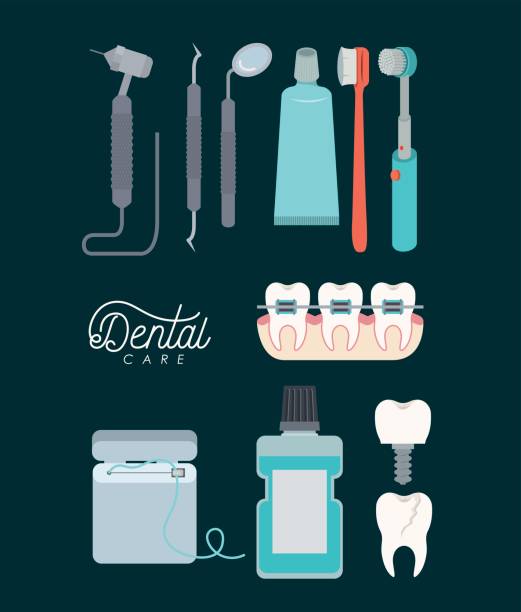 ilustraciones, imágenes clip art, dibujos animados e iconos de stock de odontólogos en fondo de color - gear backgrounds machine teeth metallic