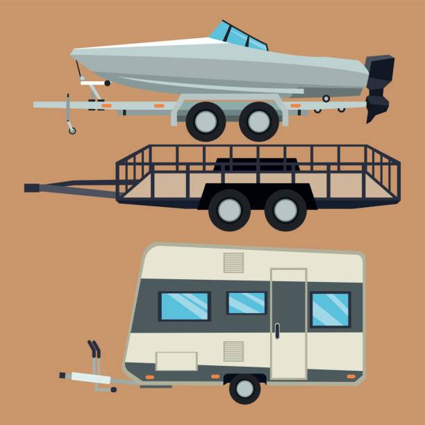 Trailer house and boat design Trailer house and boat icon. Vehicle transportation travel and trip theme. Colorful design. Vector illustration boat trailer stock illustrations