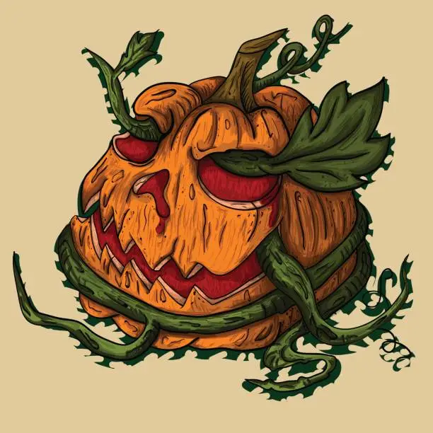 Vector illustration of pumpkin from which roots grow with leaves