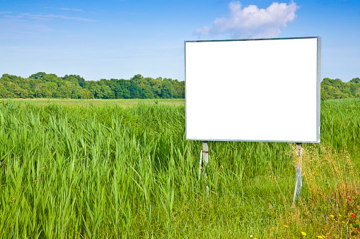 Small blank advertising billboard in a green field - image with copy space