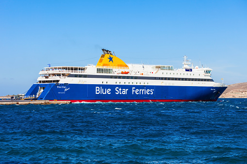 PAROS ISLAND, GREECE - OCTOBER 25, 2016: Blue Star ferry in the sea near Cyclades islands in Aegian sea Greece.